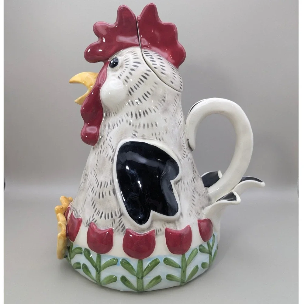 Blue Sky Heather Goldminc Rooster Teapot‎ Ceramic Farmhouse Tulip 2018 White Red